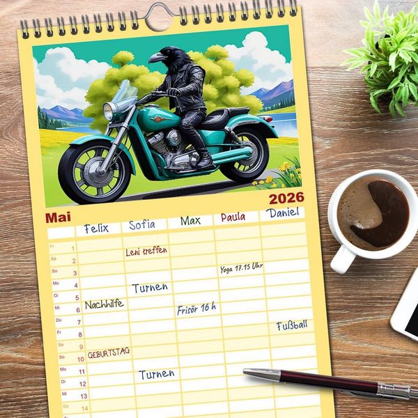 Produktbild: Familienplaner 2026 - Tierische Motorradfahrer mit 5 Spalten (Wandkalender, 21 x 45 cm) CALVENDO