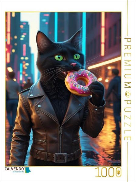 CALVENDO Puzzle Coole schwarze Katze mit Donut - urbanes Katzenbild für Trendsetter | 1000 Teile Lege-Größe 64x48cm Foto-Puzzle für glückliche Stunden