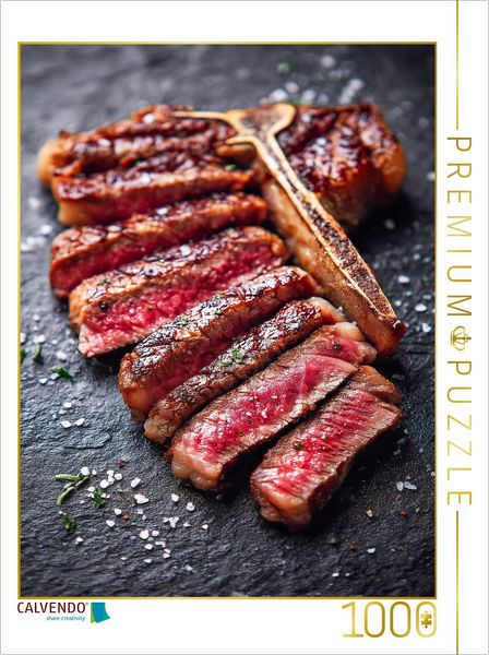 Produktbild: CALVENDO Puzzle Saftiges T-Bone-Steak in Scheiben mit grobem Salz | 1000 Teile Lege-Gr&ouml;&szlig;e 64x48cm Foto-Puzzle f&uuml;r gl&uuml;ckliche Stunden
