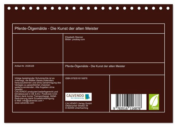 Produktbild: Pferde-&Ouml;lgem&auml;lde - Die Kunst der alten Meister (Tischkalender 2026 DIN A5 quer), CALVENDO Monatskalender