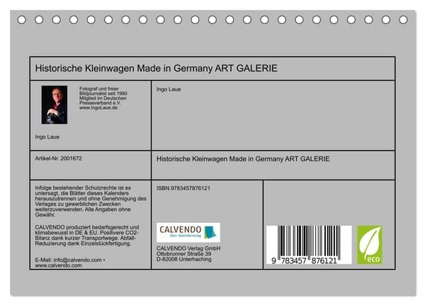 Produktbild: Historische Kleinwagen Made in Germany ART GALERIE (Tischkalender 2026 DIN A5 quer), CALVENDO Monatskalender