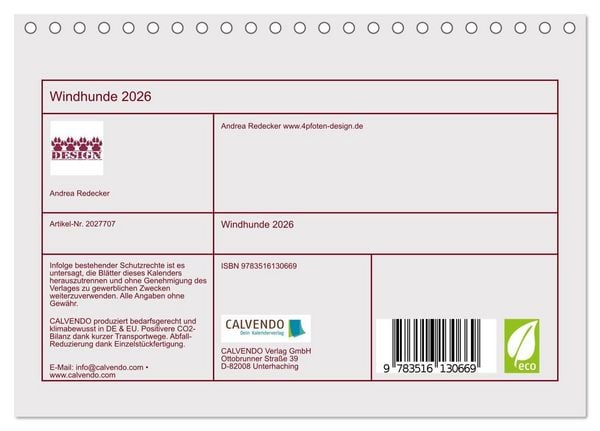 Produktbild: Windhunde 2026 (Tischkalender 2026 DIN A5 quer), CALVENDO Monatskalender