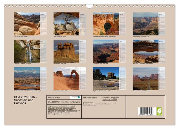 Produktbild: USA 2026 Utah - Sandstein und Canyons (Wandkalender 2026 DIN A3 quer), CALVENDO Monatskalender