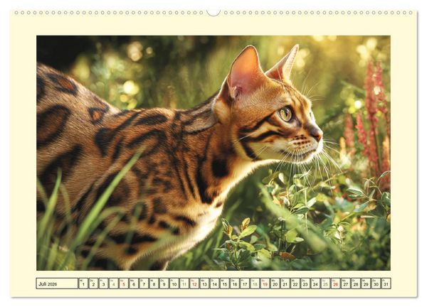 Produktbild: Bengalkatzen. Der elegante Mini-Leopard im Garten (hochwertiger Premium Wandkalender 2026 DIN A2 quer), Kunstdruck in Hochglanz