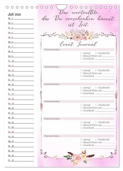 Produktbild: Geburtstagsplaner Boho Rosa - F&uuml;r Termine, Geschenke, Eventdetails & mehr (Wandkalender 2026 DIN A4 hoch), CALVENDO Monatskalender