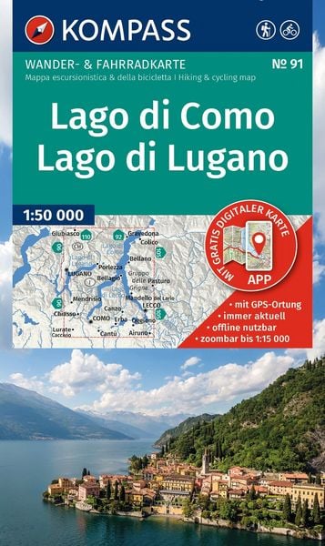Produktbild: KOMPASS Wanderkarte 91 Lago di Como, Lago di Lugano 1:50.000