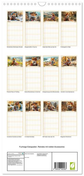 Produktbild: Familienplaner 2026 - Fuchsige Eskapaden. Reineke mit noblen Accessoires mit 5 Spalten (Wandkalender, 21 x 45 cm) CALVENDO