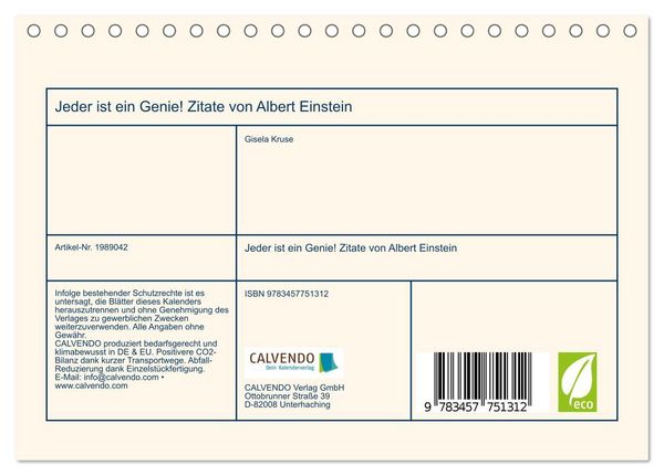 Produktbild: Jeder ist ein Genie! Zitate von Albert Einstein (Tischkalender 2026 DIN A5 quer), CALVENDO Monatskalender