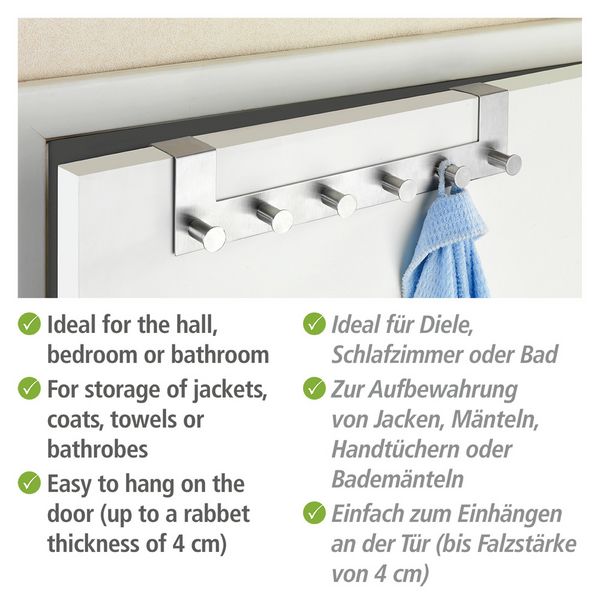 Produktbild: T&uuml;rgarderobe Edelstahl Mod. Celano 4 cm, 6 Haken, f&uuml;r T&uuml;rfalzst&auml;rken bis 4 cm