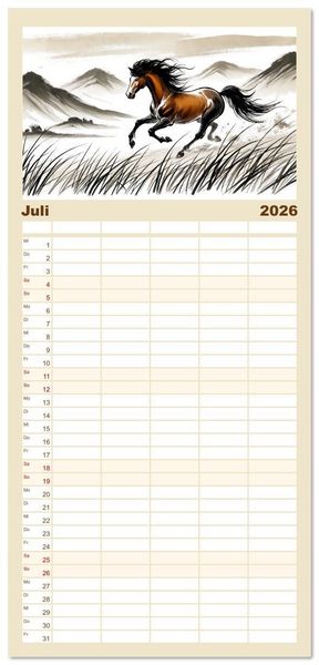 Produktbild: Familienplaner 2026 - Chinesische Tierkreiszeichen - Kunstvolle KI-Tuschemalerei des Ostens mit 5 Spalten (Wandkalender, 21 x 45 cm) CALVENDO