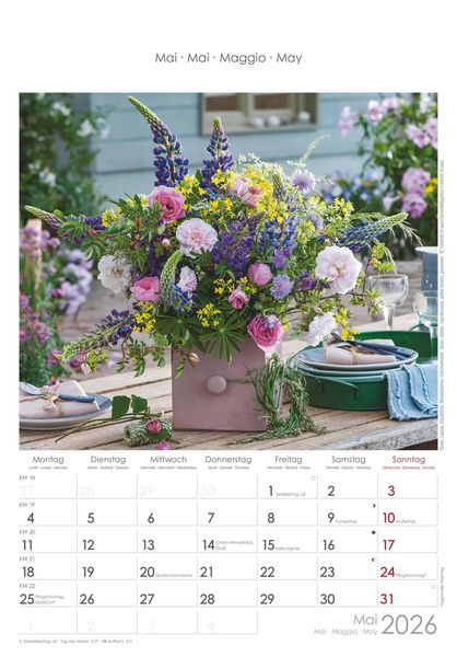 Blumen 2026 - Bildkalender 23,7x34 cm - Kalender mit Platz für Notizen - mit vielen Zusatzinformationen - Wandkalender - Blumenkalender