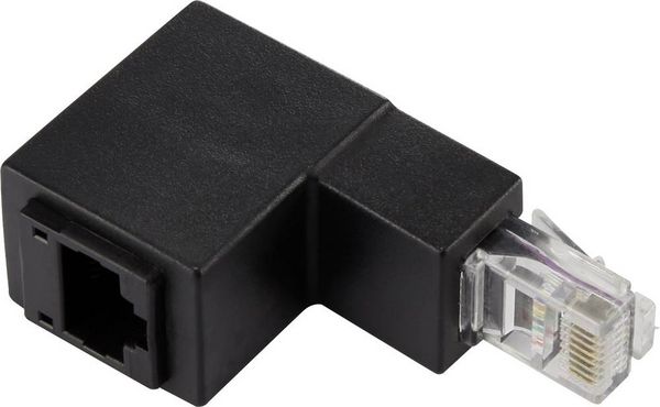 Produktbild: RJ45 Netzwerk Adapter CAT 5e 90&deg; nach unten gewinkelt [1x RJ45-Stecker - 1x RJ45-Buchse] 0.00 m Schwarz Renkforce