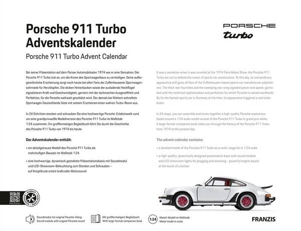 Produktbild: FRANZIS 67322 - Porsche 911 Turbo Adventskalender - Ma&szlig;stab 1:24 in Grand-Prix-Wei&szlig;