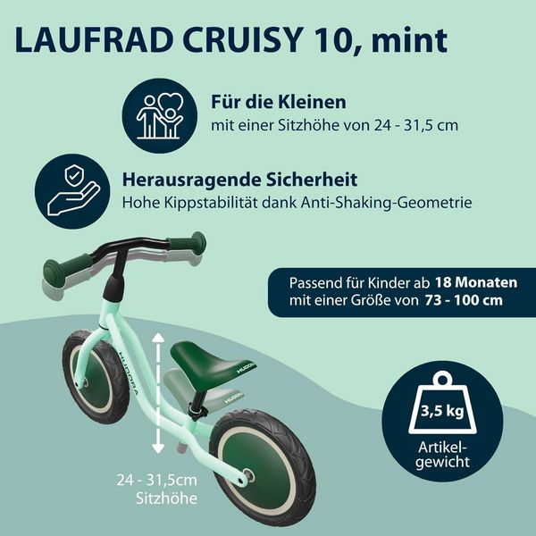 Produktbild: HUDORA 10922 - Laufrad Cruisy 10 mint, f&uuml;r Kinder von 78-100 cm, Sitzh&ouml;he: 24-31,5 cm