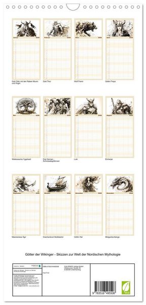 Produktbild: Familienplaner 2026 - G&ouml;tter der Wikinger - Skizzen zur Welt der Nordischen Mythologie mit 5 Spalten (Wandkalender, 21 x 45 cm) CALVENDO