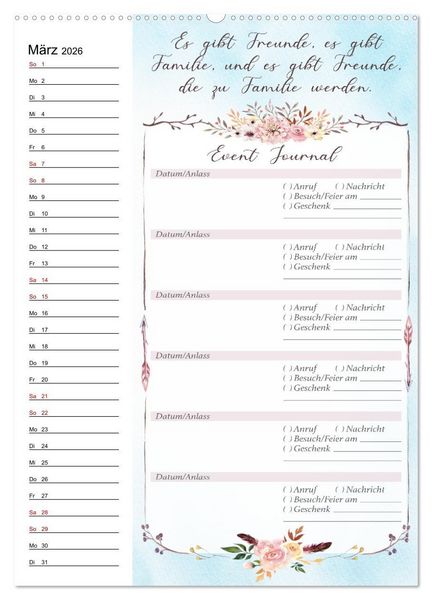 Produktbild: Geburtstagsplaner Boho Blau - F&uuml;r Termine, Geschenke, Eventdetails & mehr (Wandkalender 2026 DIN A2 hoch), CALVENDO Monatskalender