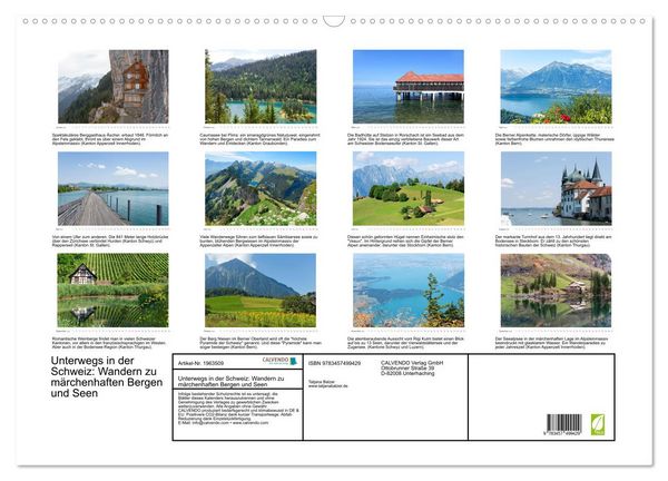 Produktbild: Unterwegs in der Schweiz: Wandern zu m&auml;rchenhaften Bergen und Seen (Wandkalender 2026 DIN A2 quer), CALVENDO Monatskalender