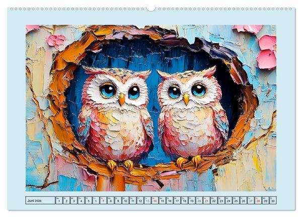 Produktbild: Eulen. Entz&uuml;ckende Paintings (hochwertiger Premium Wandkalender 2026 DIN A2 quer), Kunstdruck in Hochglanz