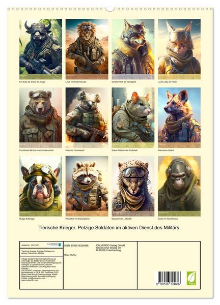 Produktbild: Tierische Krieger. Pelzige Soldaten im aktiven Dienst des Milit&auml;rs (hochwertiger Premium Wandkalender 2026 DIN A2 hoch), Kunstdruck in Hochglanz