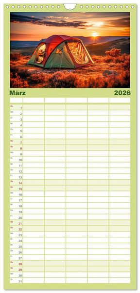 Produktbild: Familienplaner 2026 - Camping mit dem Zelt mit 5 Spalten (Wandkalender, 21 x 45 cm) CALVENDO
