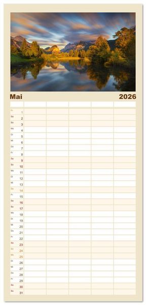 Produktbild: Familienplaner 2026 - Bezaubernde Bergseen mit 5 Spalten (Wandkalender, 21 x 45 cm) CALVENDO