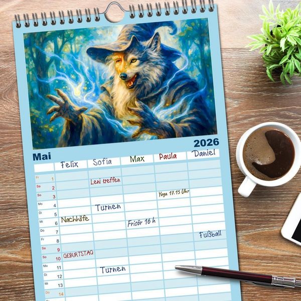Produktbild: Familienplaner 2026 - Magische Meister - Kalender &uuml;ber Zauberer und ihre Kr&auml;fte mit 5 Spalten (Wandkalender, 21 x 45 cm) CALVENDO