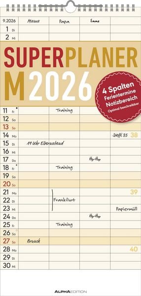 Produktbild: Superplaner M 2026 4 Spalten - Familien-Timer 22x45 cm - Offset-Papier - mit Ferienterminen - Wand-Planer - Familienkalender - Alpha Edition