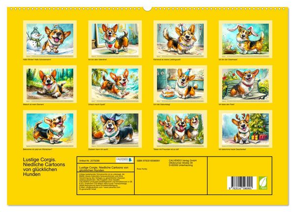 Produktbild: Lustige Corgis. Niedliche Cartoons von gl&uuml;cklichen Hunden (hochwertiger Premium Wandkalender 2026 DIN A2 quer), Kunstdruck in Hochglanz