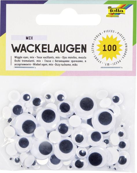 Folia Wackelaugen, nicht selbstklebend, 6 Größen rund & oval, 100 Stück, weiß, sortiert