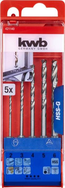 Produktbild: kwb 421140 HSS Metall-Spiralbohrer-Set 5teilig 2 mm, 3 mm, 4 mm, 5 mm, 6 mm DIN 1412 C 1/4" (6.3 mm) 1 St.