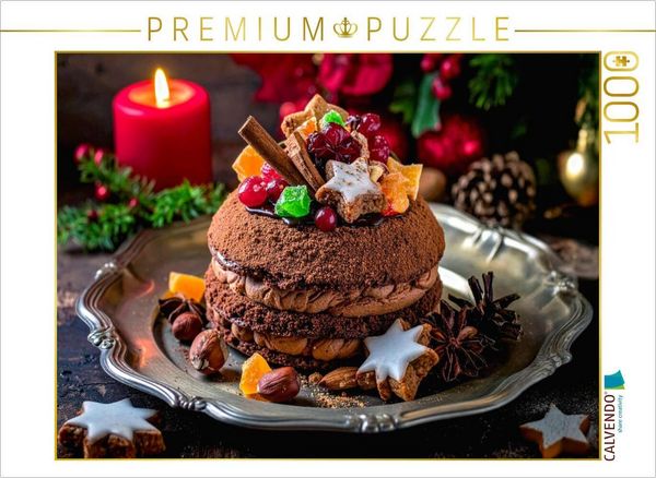 CALVENDO Puzzle Schokoladen Dacquoise Torte mit Weihnachtsdekoration | 1000 Teile Lege-Größe 64x48cm Foto-Puzzle für glückliche Stunden