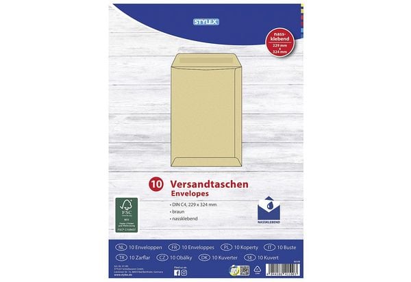 Produktbild: Stylex Versandtaschen, DIN C4, nassklebend, braun, 10 St&uuml;ck