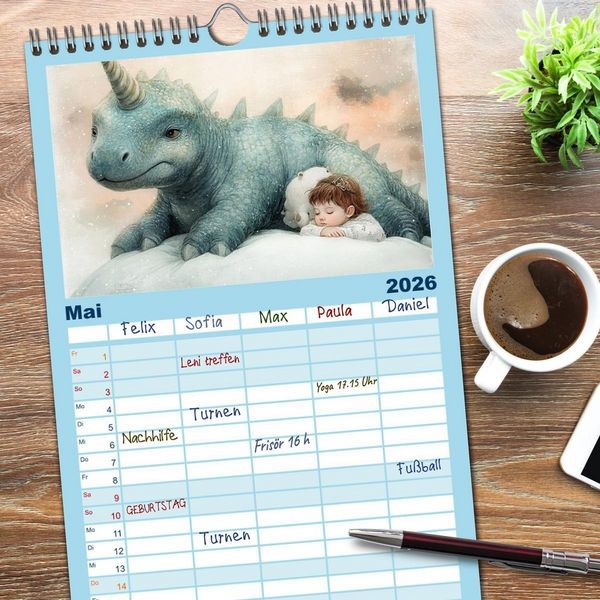 Produktbild: Familienplaner 2026 - Dinozauber &ndash; Wenn Urzeitbewohner zu Freunden werden mit 5 Spalten (Wandkalender, 21 x 45 cm) CALVENDO