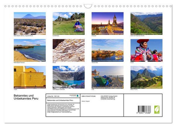 Produktbild: Bekanntes und Unbekanntes Peru (Wandkalender 2026 DIN A3 quer), CALVENDO Monatskalender