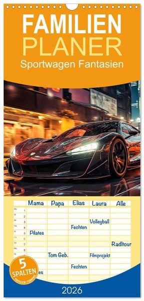 Produktbild: Familienplaner 2026 - Sportwagen Fantasien mit 5 Spalten (Wandkalender, 21 x 45 cm) CALVENDO