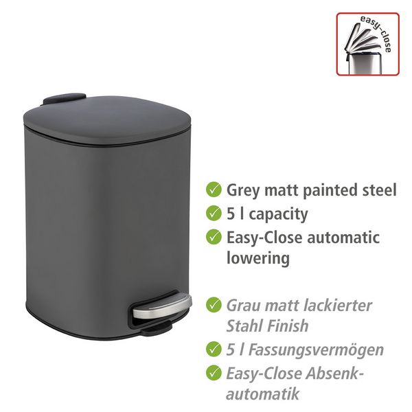 Produktbild: Treteimer Mod. Alassio, Grau 5 L, mit Easy-Close Absenkautomatik