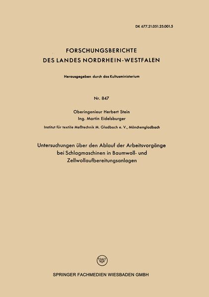 Produktbild: Untersuchungen &uuml;ber den Ablauf der Arbeitsvorg&auml;nge bei Schlagmaschinen in Baumwoll- und Zellwollaufbereitungsanlagen
