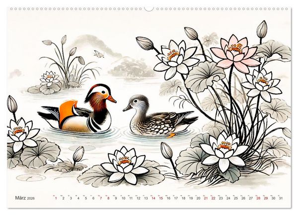 Produktbild: Federleicht - Vogelwelt im Stile asiatischer Tuschmalerei (hochwertiger Premium Wandkalender 2026 DIN A2 quer), Kunstdruck in Hochglanz