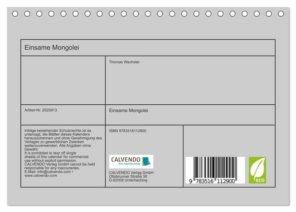 Produktbild: Einsame Mongolei (Tischkalender 2026 DIN A5 quer), CALVENDO Monatskalender