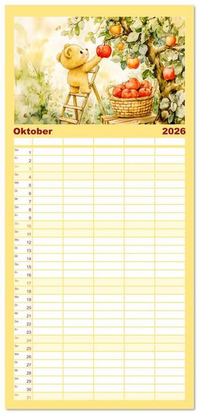 Produktbild: Familienplaner 2026 - Teddy auf dem Bauernhof - Entdecke das Landleben mit Tieren und Feldern mit 5 Spalten (Wandkalender, 21 x 45 cm) CALVENDO