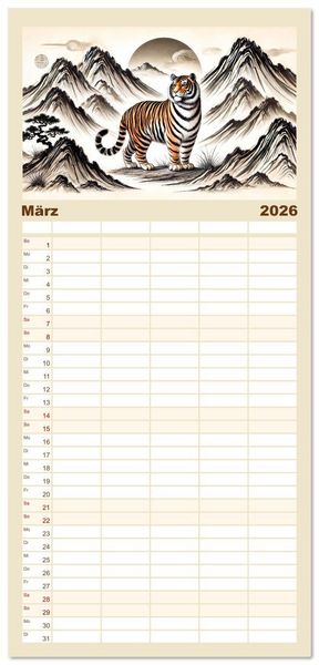 Produktbild: Familienplaner 2026 - Chinesische Tierkreiszeichen - Kunstvolle KI-Tuschemalerei des Ostens mit 5 Spalten (Wandkalender, 21 x 45 cm) CALVENDO