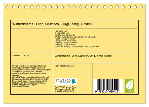 Produktbild: Winterdreams - Lech, Leutasch, Gurgl, Ischgl, S&ouml;lden (Tischkalender 2026 DIN A5 quer), CALVENDO Monatskalender