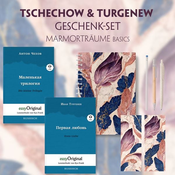 Produktbild: Tschechow & Turgenew Geschenkset - 2 B&uuml;cher (Softcover mit Audio-Online) + Marmortr&auml;ume Schreibset Basics