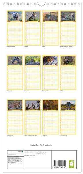 Produktbild: Familienplaner 2026 - S&uuml;dafrika - Big 5 und mehr mit 5 Spalten (Wandkalender, 21 x 45 cm) CALVENDO