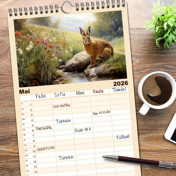 Produktbild: Familienplaner 2026 - Hasenliebe mit 5 Spalten (Wandkalender, 21 x 45 cm) CALVENDO