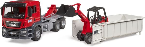 Produktbild: Bruder LKW Modell MAN TGS mit Abrollcontainer + Sch&auml;ffer Hoflader Fertigmodell