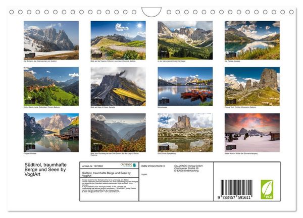 Produktbild: S&uuml;dtirol, traumhafte Berge und Seen by VogtArt (Wandkalender 2026 DIN A4 quer), CALVENDO Monatskalender