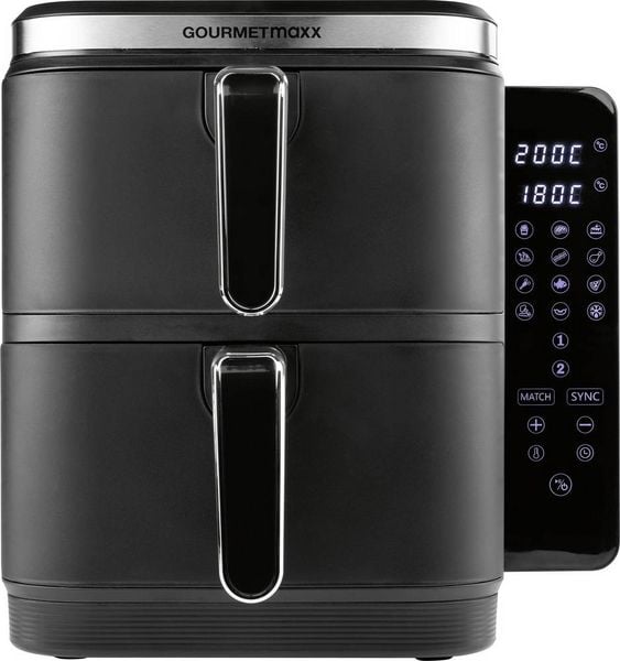 Produktbild: GourmetMaxx FryUp Vertical 15305 Hei&szlig;luft-Fritteuse 10 l 2800 W 2 getrennte Temperaturregler, Antihaftbeschichtung, digitaler Timer Schwarz