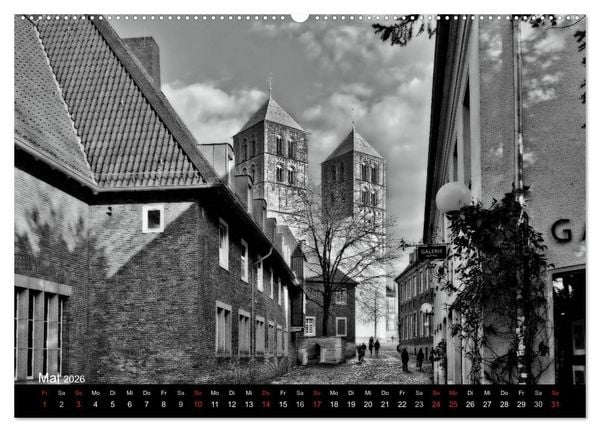 Produktbild: M&uuml;nster in schwarz-wei&szlig; gesehen (Wandkalender 2026 DIN A2 quer), CALVENDO Monatskalender