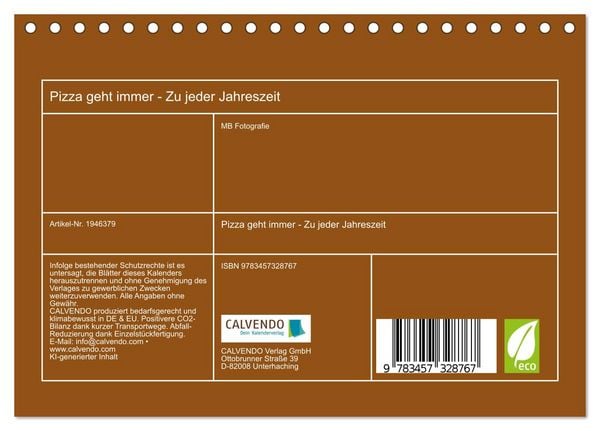 Produktbild: Pizza geht immer - Zu jeder Jahreszeit (Tischkalender 2026 DIN A5 quer), CALVENDO Monatskalender